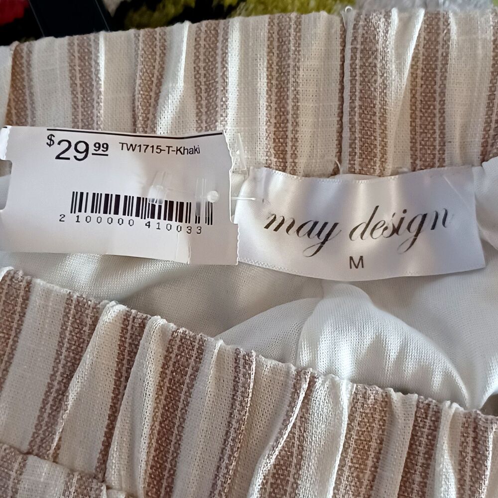 May Design Women’s M Khaki/Cream Striped WideLeg Pull‑On Pants Pockets Lined NWT - Picture 10 of 13